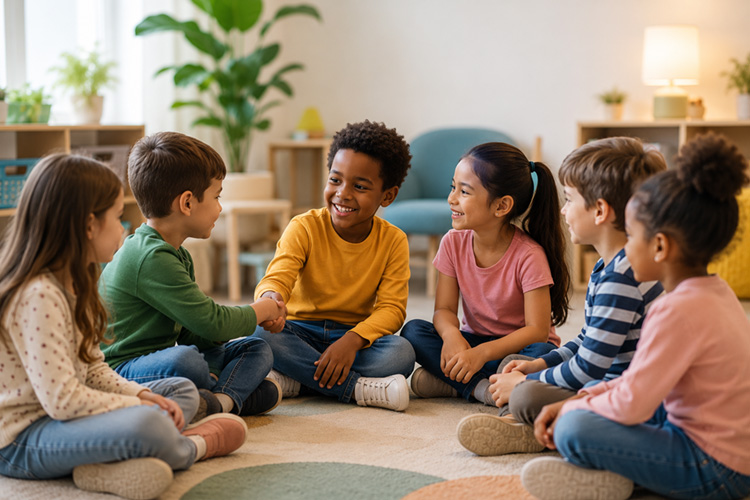 children participating in a social skills group activity at a welcoming micro-school classroom.