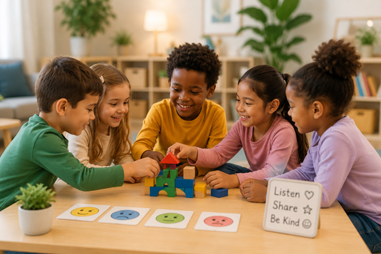 children working together on a collaborative classroom activity to develop social skills and teamwork